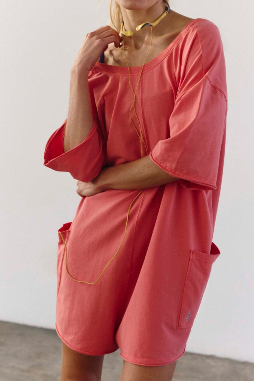 NEW Free People Movement Neon Coral Oversized Shapeless Hot Shot Tee Romper XS